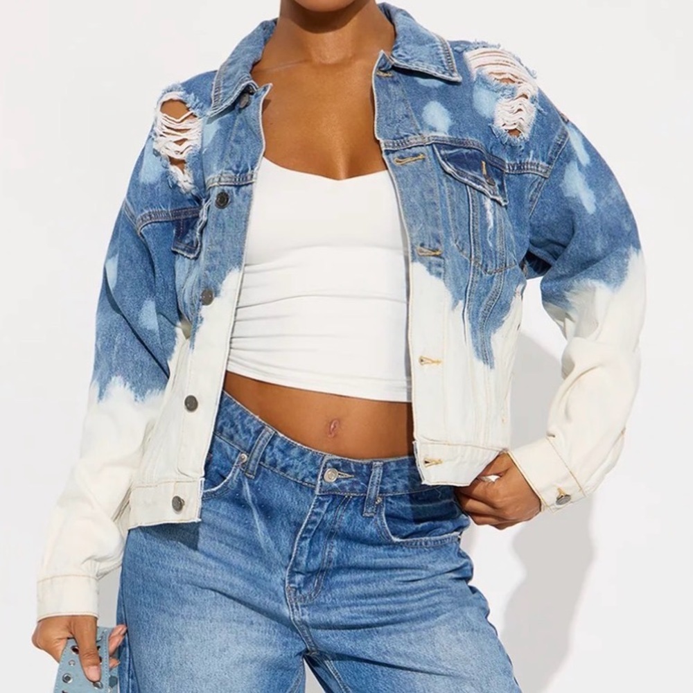 Blue and White Distressed Denim Jacket